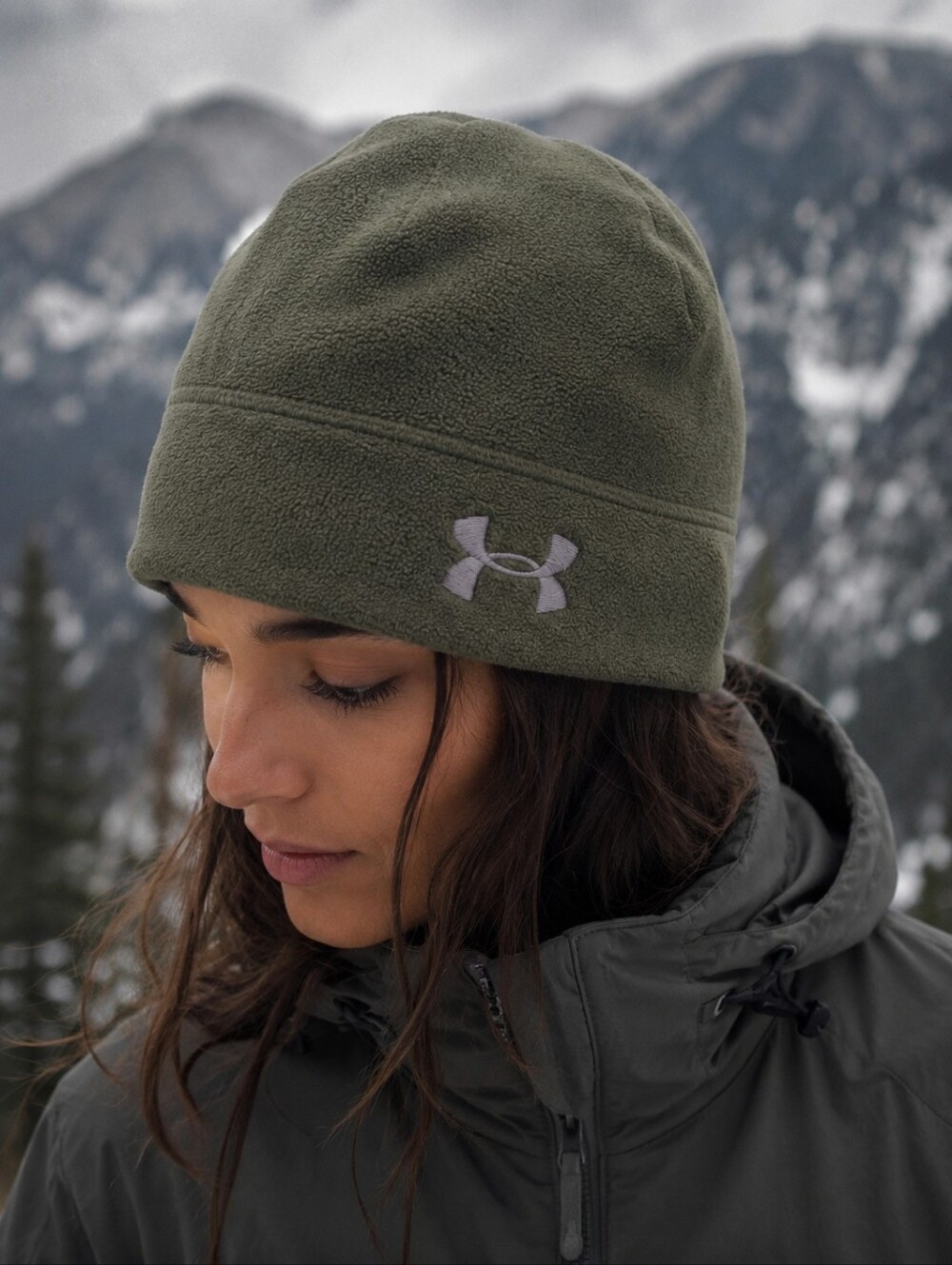Under Armour ColdGear Fleece Beanie Hat Olive Green Running Hiking